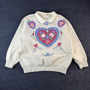 Heart Floral Sweatshirt Womens Medium White Striped Collared Pullover Cute